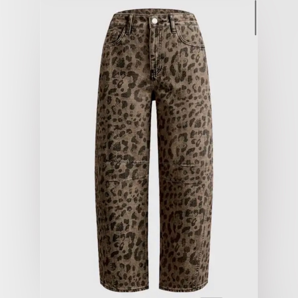 Flamingals Leopard Stitch Detail Mid Rise Barrel Leg Crop Pants XL
